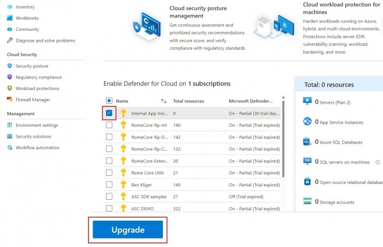 Select the subscriptions or workspaces you want to onboard and click on Upgrade.