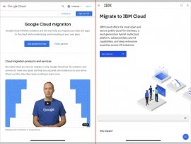 A side-by-side of Google Cloud and IBM Cloud migration pages.