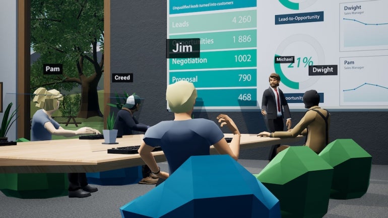 People as avatars having a business meeting in a virtual metaverse VR office