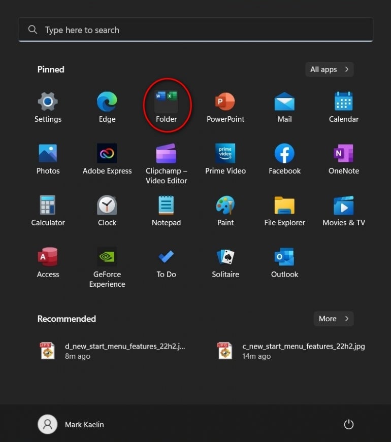 Single pinned folder containing Word and Excel on the Windows 11 22H2 Start Menu.