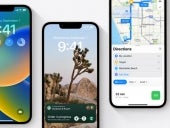 Three iPhones running iOS16 Maps update.