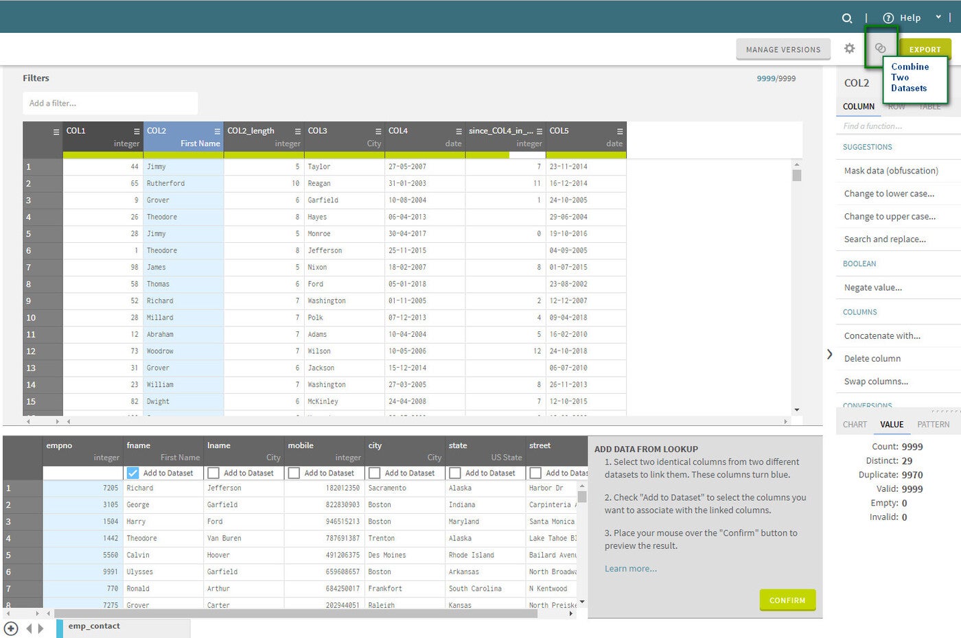 Combining two datasets in data preparation in Talend.