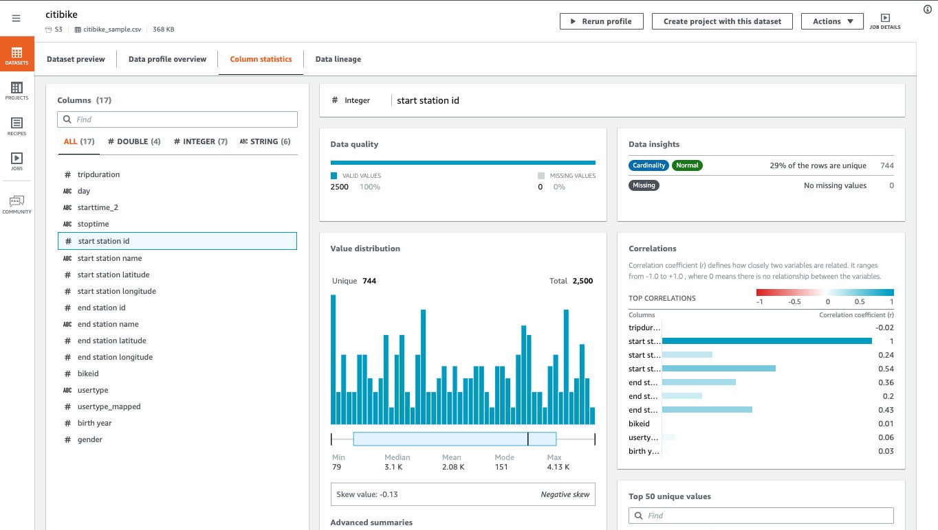 AWS Glue visual data preparation. 