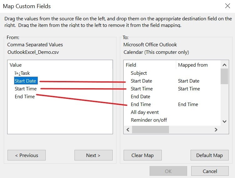 Map the Excel fields to the calendar fields.
