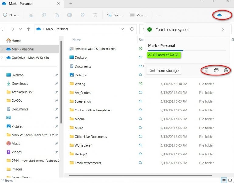 New link to OneDrive Setting details in the upper right corner of OneDrive.