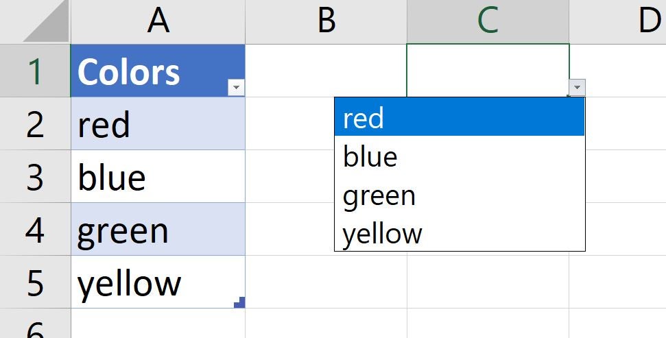 table in Excel with Colors, red, blue, green, and yellow listed in column A and a drop-down listing red, blue, green, and yellow in cell C1