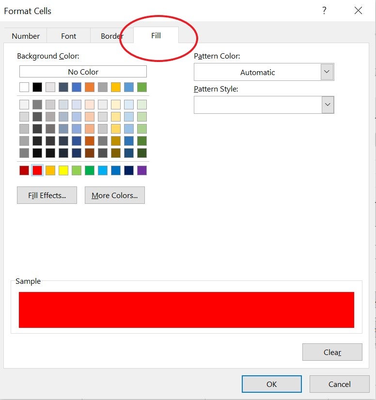 Excel Format Cells menu with the Fill tab selected and circled and the Sample area filled in with the color red