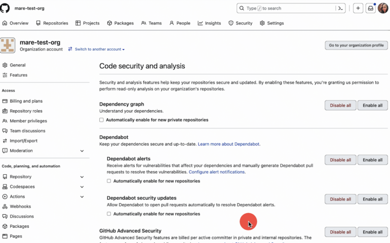 Screen capture of security analysis and alert activation feature on GitHub.