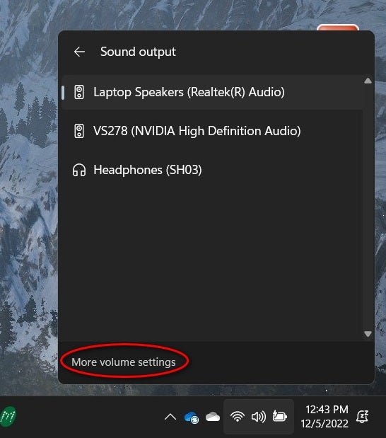 The actual list of available audio devices on the Windows 11 device.