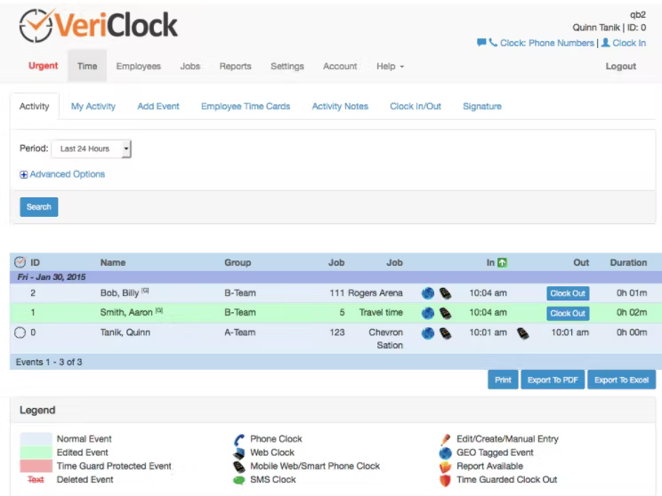 VeriClock dashboard.