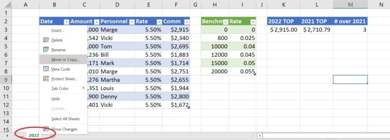 Right-click a sheet tab to display this list of commands.