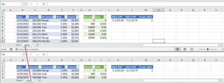 Display the source and target workbook files side by side.