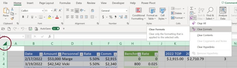 Choose Clear Formats to remove formatting from the selected cells.