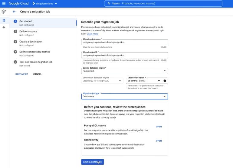Users can create a migration job using Google Cloud Database Migration Services.