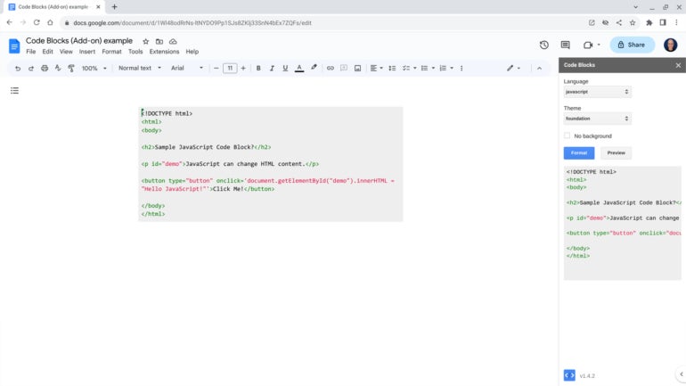 Markup Formatting Reference: Code Block