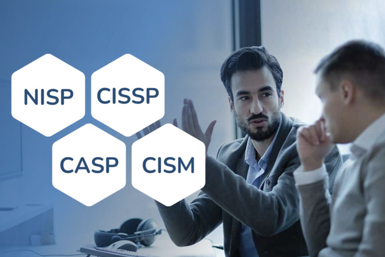 Men talking with NISP, CISSP, CASP, CISM written by them.