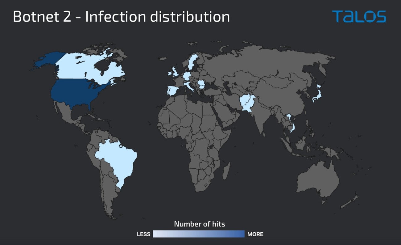 botnet infection distribution across the world with countries in North and South America, Europe, and Asia affected