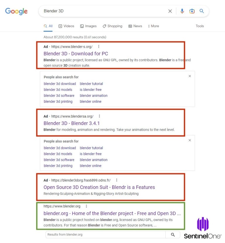 Google search engine results shows three fraudulent ads when looking for Blender 3D.