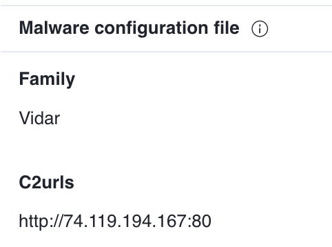 Zip file contains Vidar malware with an identified C2 server.