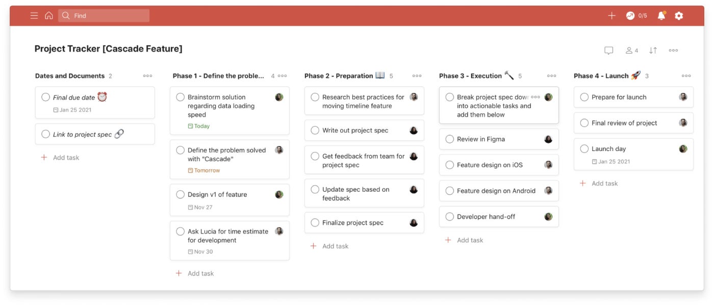 Todoist project tracking view.
