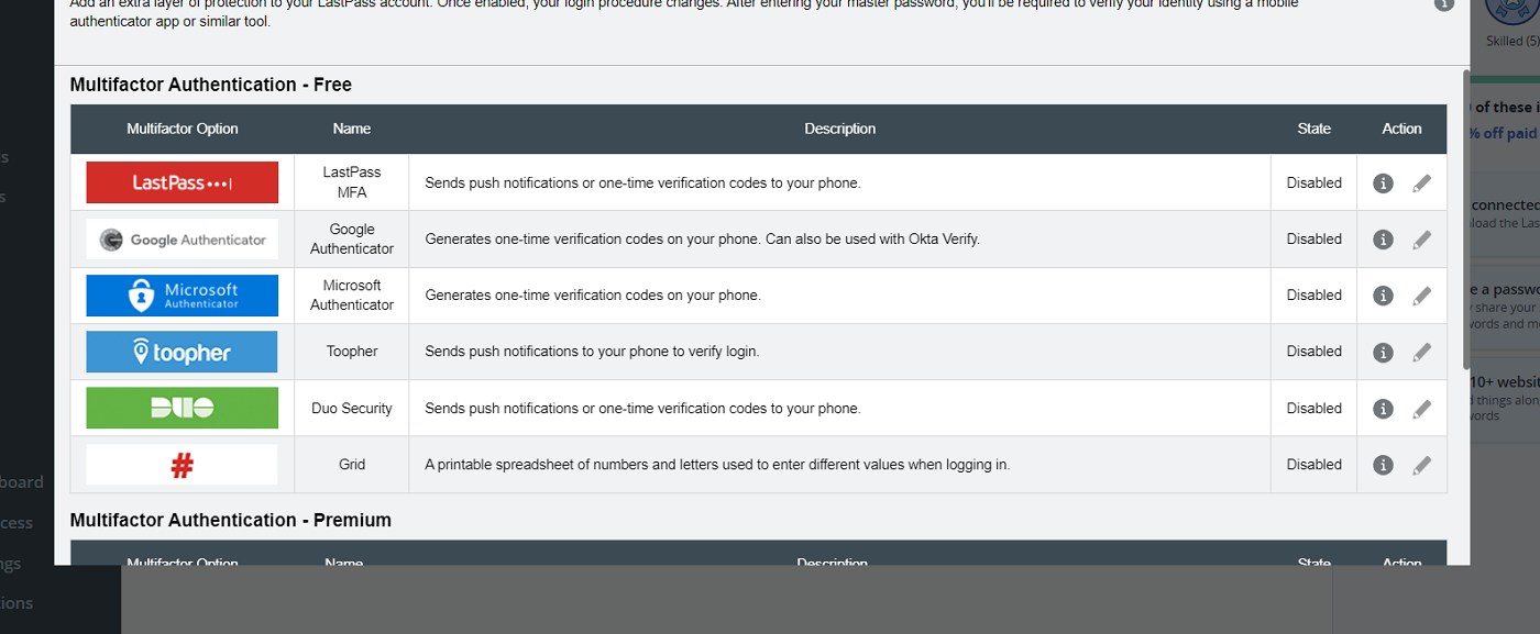 Screenshot of MFA options for LastPass Free.