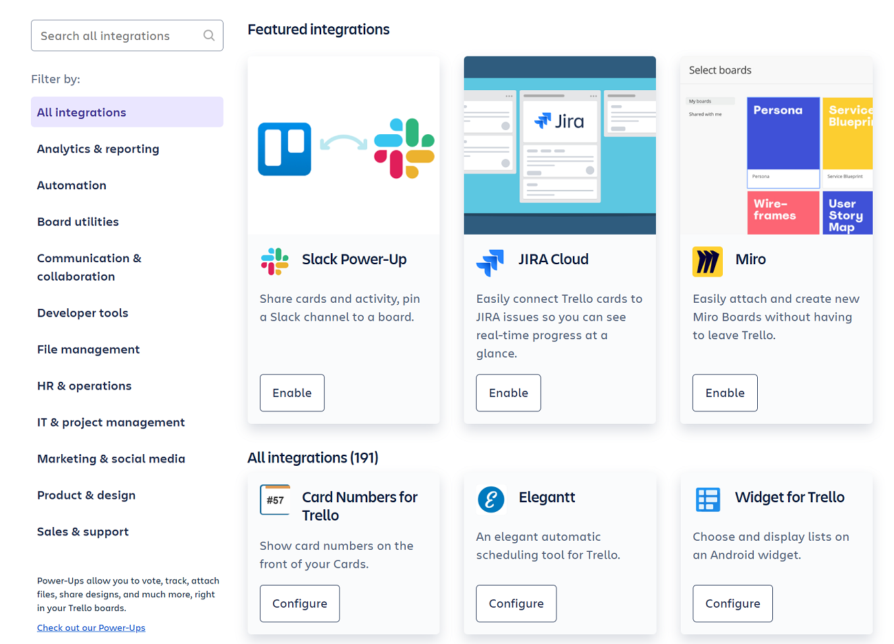 Some of the integrations featured in Trello.