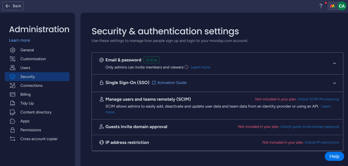 Some of the security options available in monday.com.