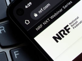 Closeup of the homepage of the National Retail Federation (NRF) website on a smartphone. National Retail Federation is the world's largest retail trade association.