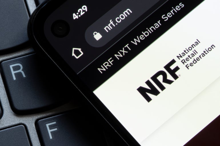 Closeup of the homepage of the National Retail Federation (NRF) website on a smartphone. National Retail Federation is the world's largest retail trade association.