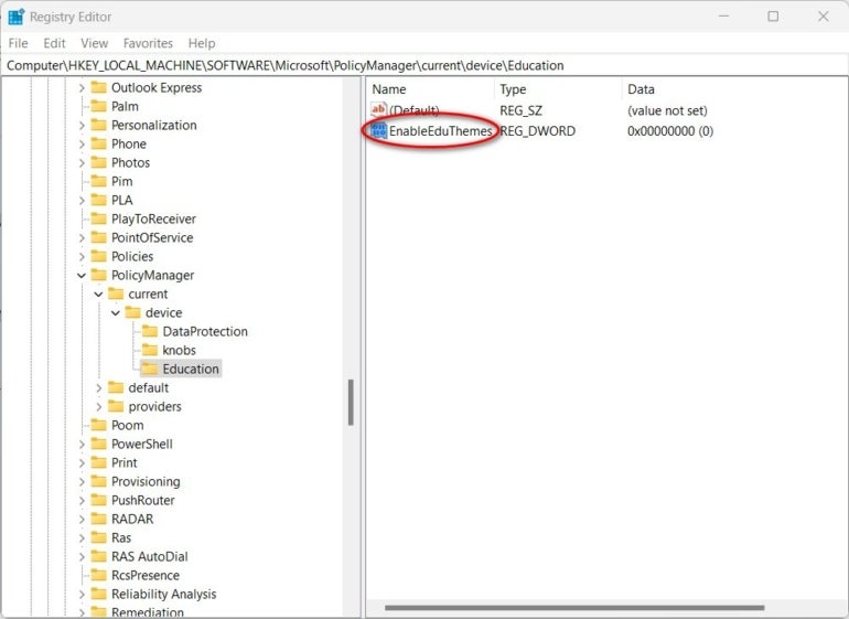 The new EnableEduThemes value can be found in the Education key folder.