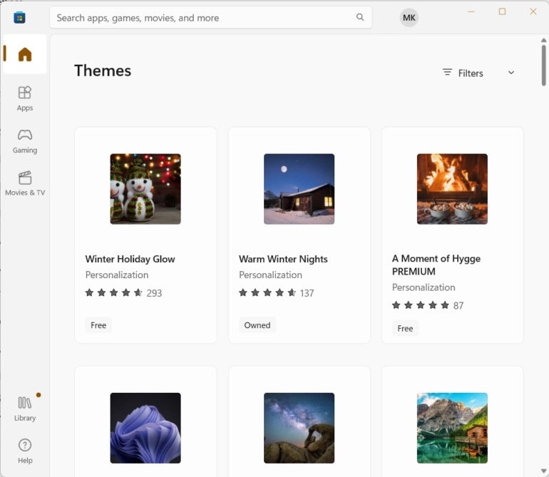 A snapshot of free themes available in the Microsoft Store.
