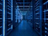 Server racks in computer network security server room data center. 3D render dark blue