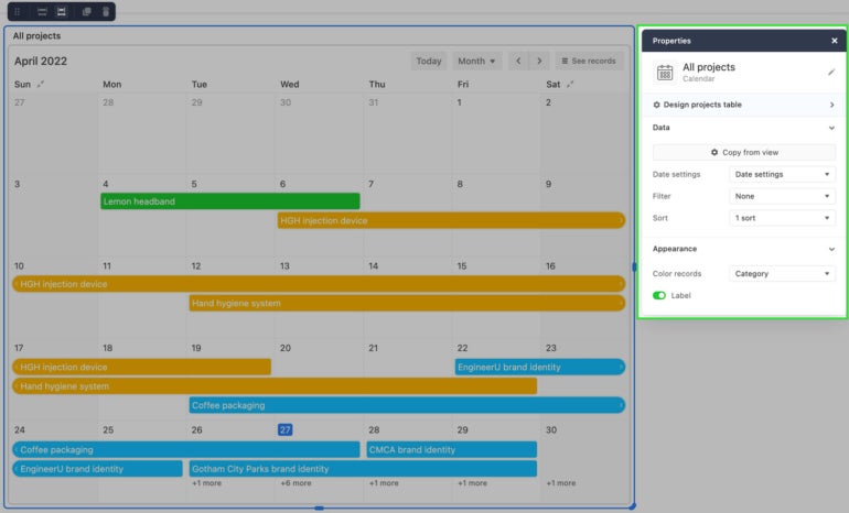 Airtable calendar element.