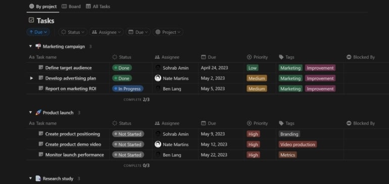 A projects and tasks template in Notion.