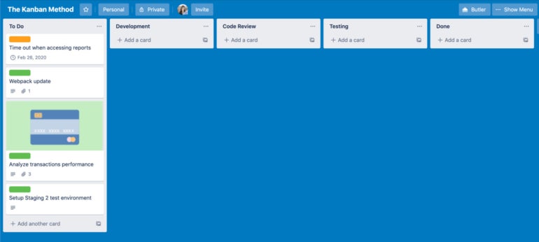 Trello Kanban method with tasks.