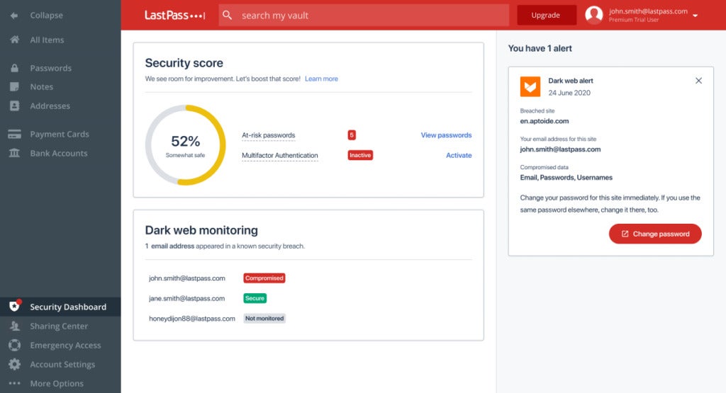 LastPass Dark web monitoring.