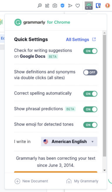 The Grammarly web browser plugin makes it easy to access settings and create new documents.