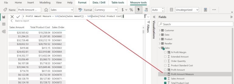 Power BI adds the new measure, Profit Amount Measure, to the sales table.