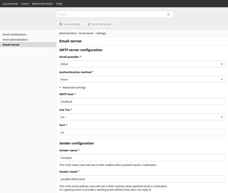 The Passbolt Email Configuration window.