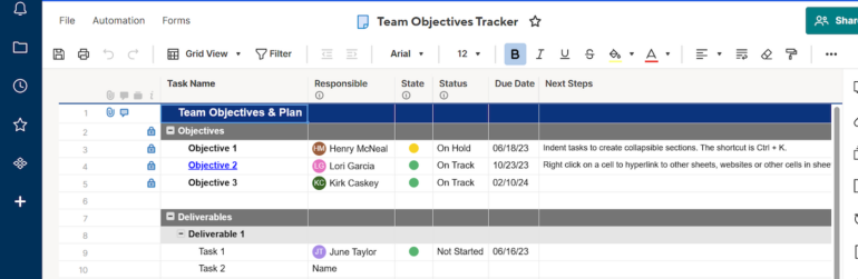 A Smartsheet task management template in action.