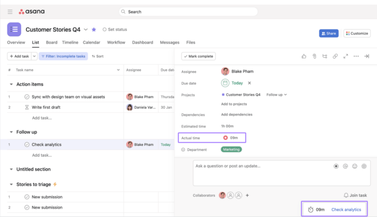 Asana tracking actual time in a Customer Stories project.