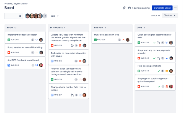 Jira’s Scrum board supporting a project sprint.