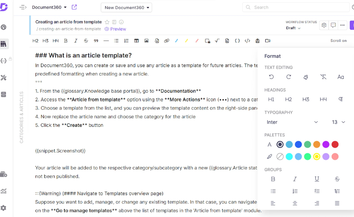 Markdown editor in Document360.
