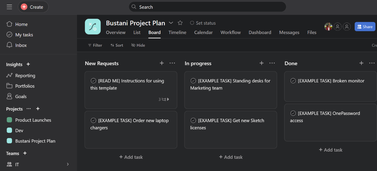 Board view of a project in Asana.