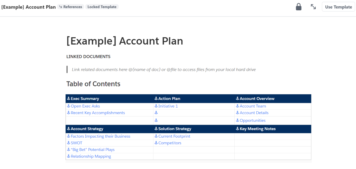 An account plan template in Quip.