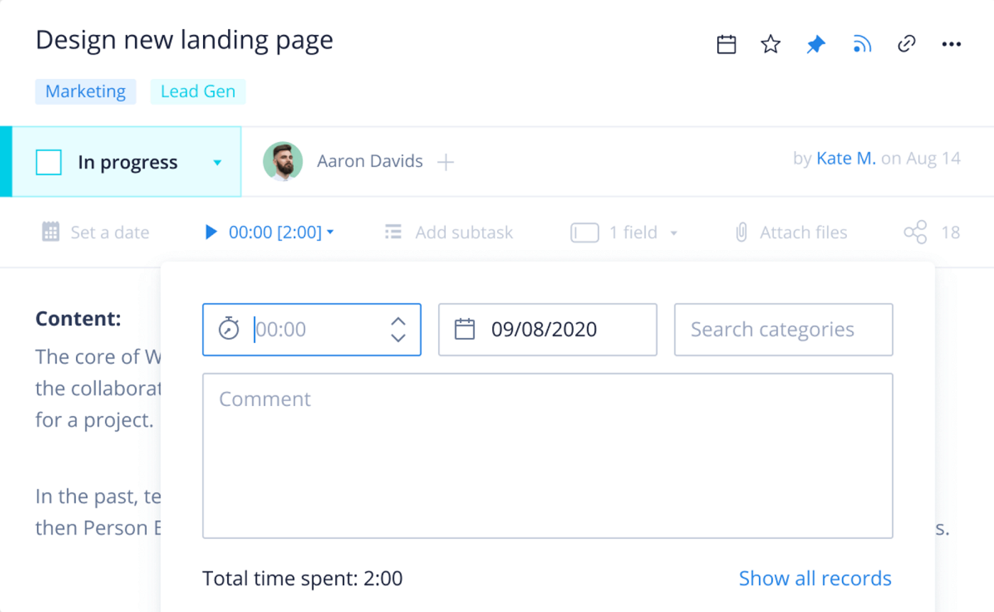 Wrike’s time tracking feature.