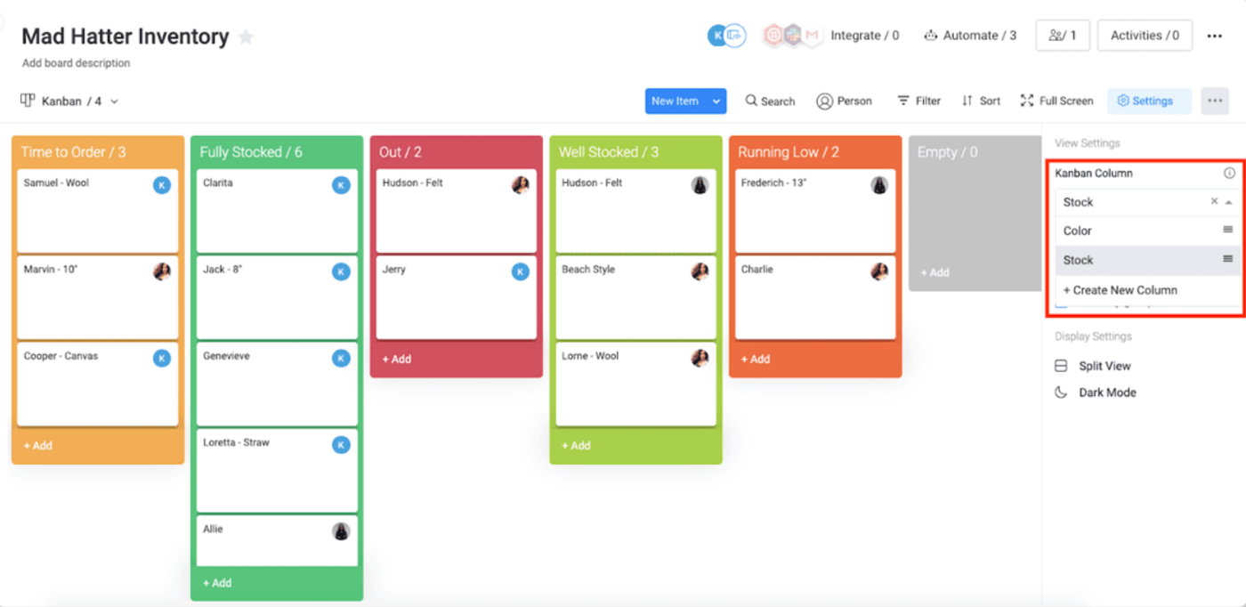 Screenshot of Monday kanban board.