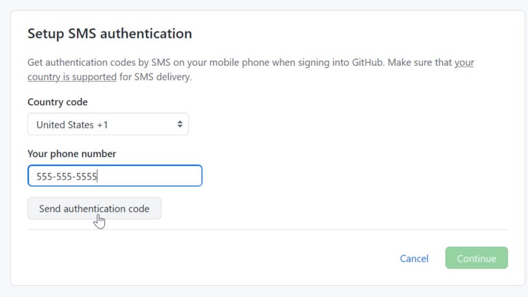 Enter your full phone number and click the button for Send Authentication Code.