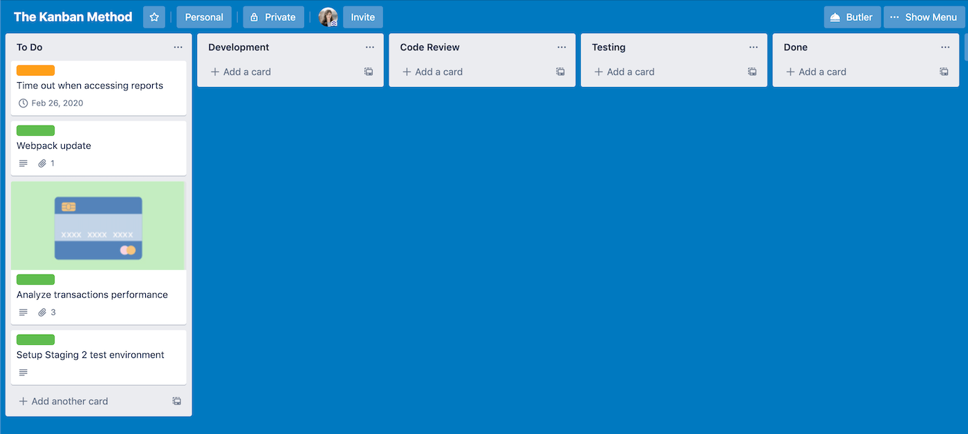 Screenshot of Trello Kanban board.