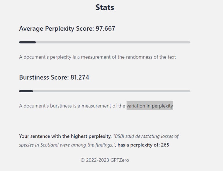 The statistics of the text analyzed